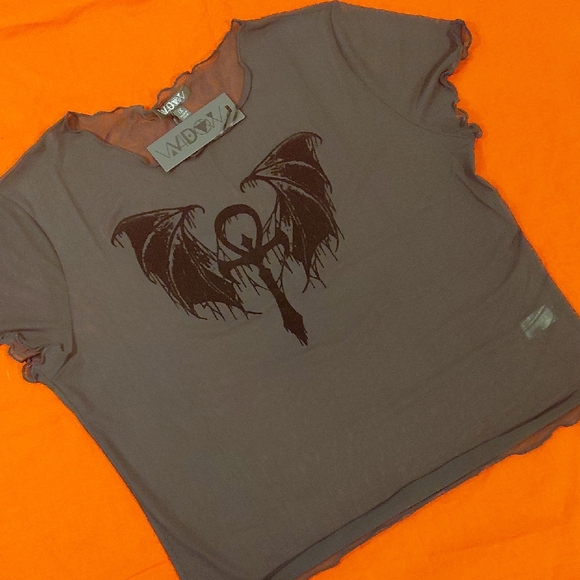 DOLLSKILL Tops - DOLLSKILL WIDOW 1X HOLLOW EDGES MESH CROP TOP BLACK ANKH BURNOUT LETTUCE EDGES